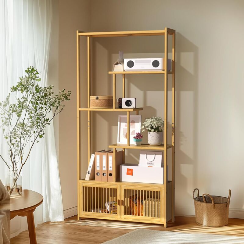foto del prodotto scaffale mensole libreria in bambu per soggiorno scaffale alto in legno salvaspazio scaffale libreria salotto 85,5x28x176cm
