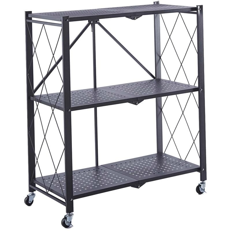 foto del prodotto scaffale metallico pieghevole catter house kim 84 71,5x36x84 cm color nero con ruote e 3 ripiani supporta fino a 120 kg