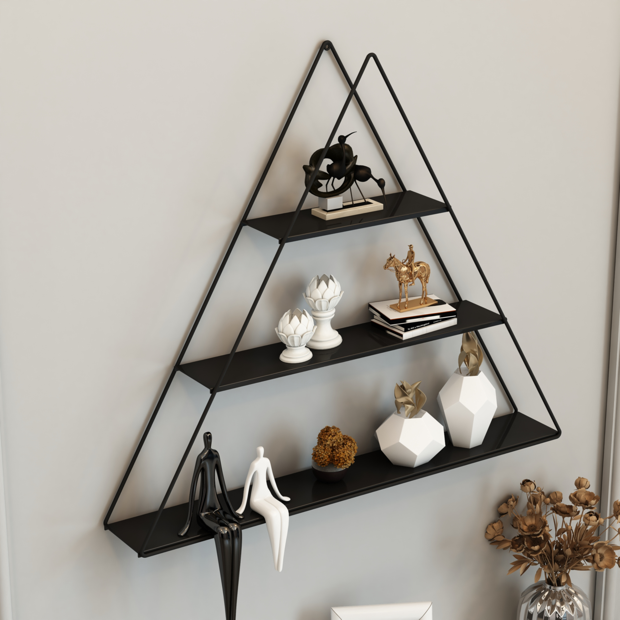 foto del prodotto scaffale pensile a forma di piramide consolle triangolare a muro con 3 ripiani mensola da parete in metallo 59 x 70 x 9