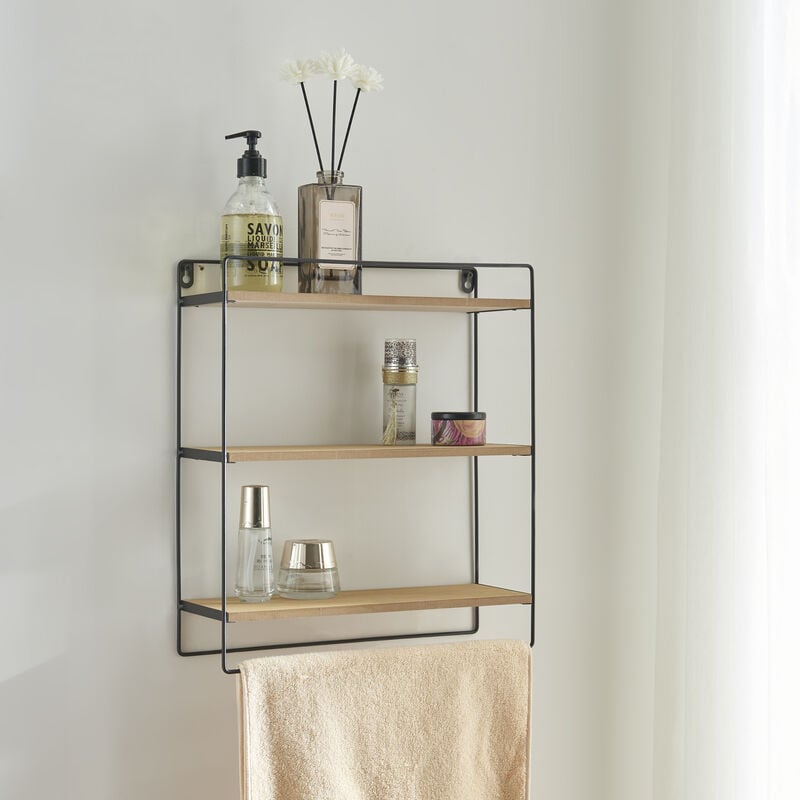 foto del prodotto scaffale pensile 'skovbo' mobile a muro con 3 ripiani in color legno e telaio in metallo nero mensola da parete en.casa