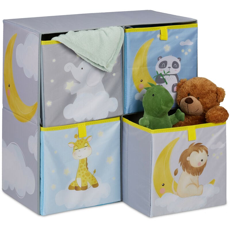 foto del prodotto scaffale per bambini, 4 scatole portagiochi, hlp 59,5x60,5x30 cm, cameretta giochi, scomparti a cubo, colorato relaxdays