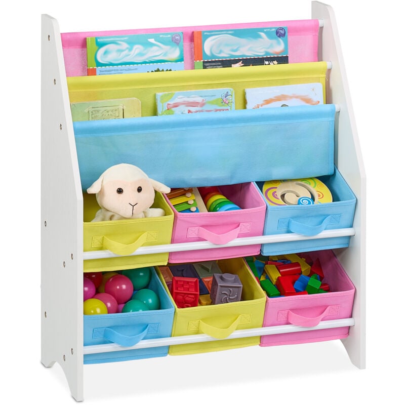 foto del prodotto scaffale per bambini, 6 box porta giochi e 2 scomparti, mobiletto libreria, hlp 74 x 62,5 x 31 cm, colorato relaxdays