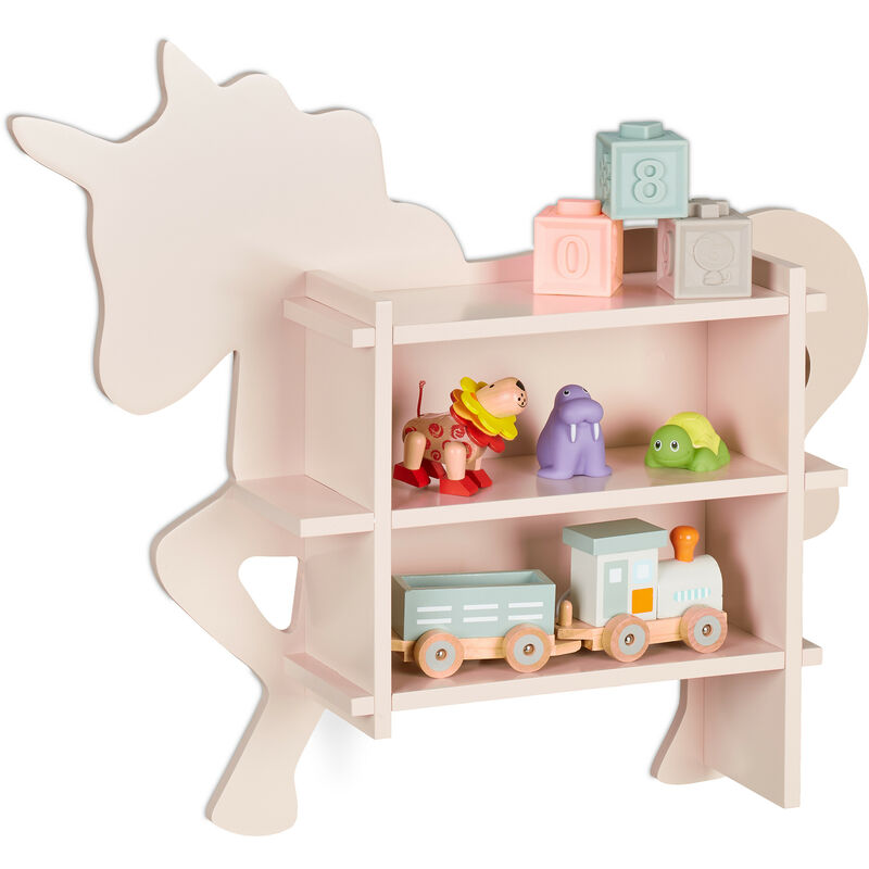 foto del prodotto scaffale per bambini, libreria design unicorno, mobile da parete con 2 scomparti, hlp 54,5x66x13 cm, rosa relaxdays