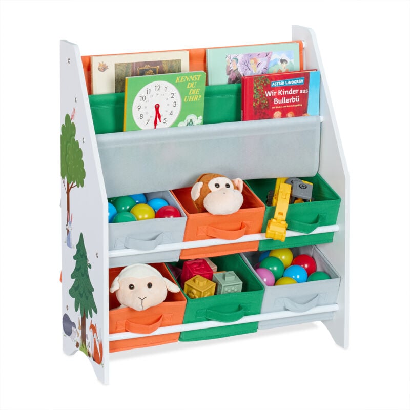 foto del prodotto scaffale per bambini, mobile libreria con 6 box porta giochi e 2 scomparti, hlp 74 x 62,5 x 31 cm, colorato relaxdays