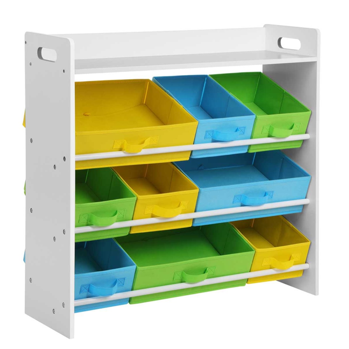immagine 0 del prodotto scaffale per giocattoli bambini 9 cestini multicolori estraibili in tessuto non tessuto organizer per sala giochi struttura in mdf bianco 12 0002282