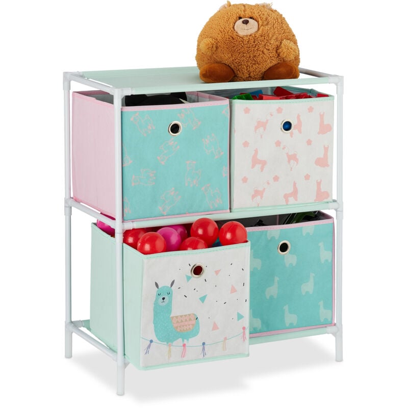 foto del prodotto scaffale per giocattoli con 4 scatole, per bambini bambine design lama armadio hlp 62x53x30 cm, multicolore relaxdays