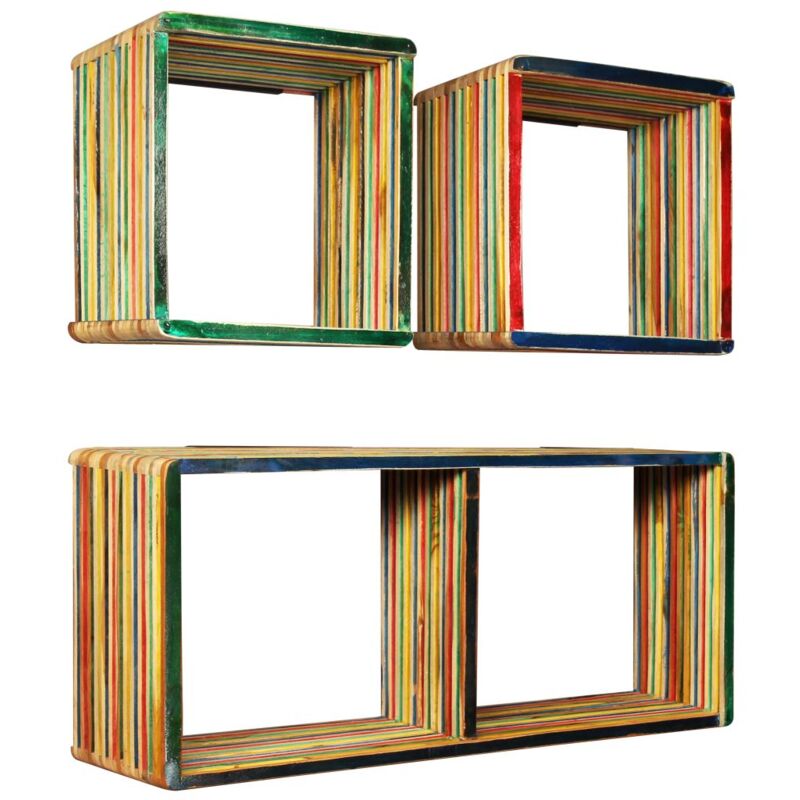 foto del prodotto scaffale per mobili di design, set di 3 mensole a muro, in massello di teak riciclato, multicolore