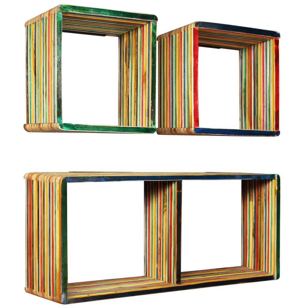 foto del prodotto scaffale per mobili di design, set di mensole a muro, 3 pezzi, in massello di teak riciclato, multicolore 2702226 2