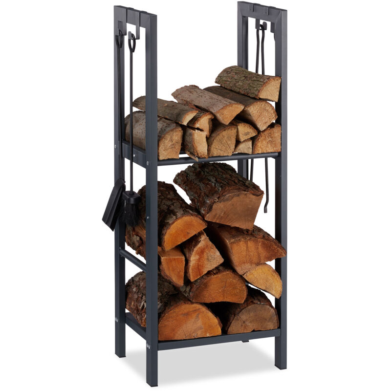 foto del prodotto scaffale porta legna con 2 ripiani, 100 x 40 x 30 cm, 4 ganci per gli accessori da camino, acciaio, antracite relaxdays
