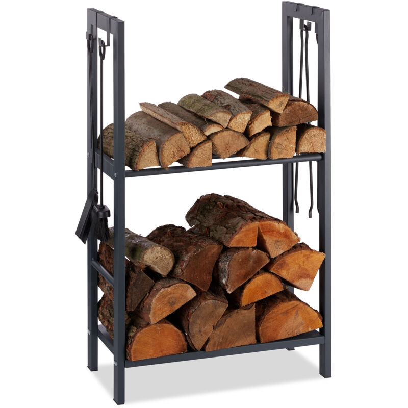 foto del prodotto scaffale porta legna con 2 ripiani, 100 x 60 x 30 cm, 4 ganci per gli accessori da camino, acciaio, antracite relaxdays