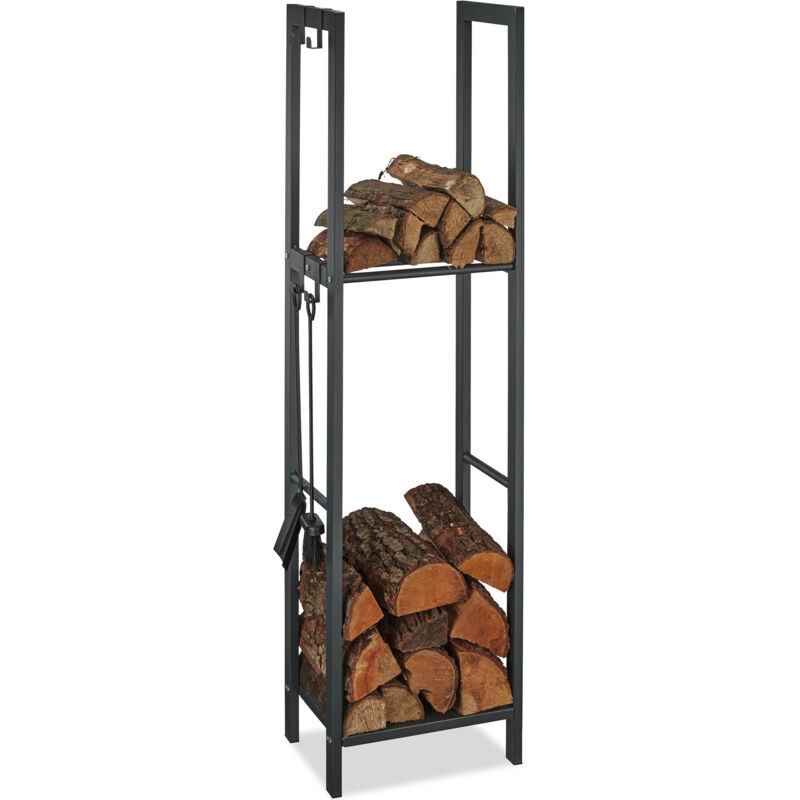 foto del prodotto scaffale porta legna con 2 ripiani, 150 x 40 x 30 cm, 4 ganci per gli accessori da camino, acciaio, antracite relaxdays