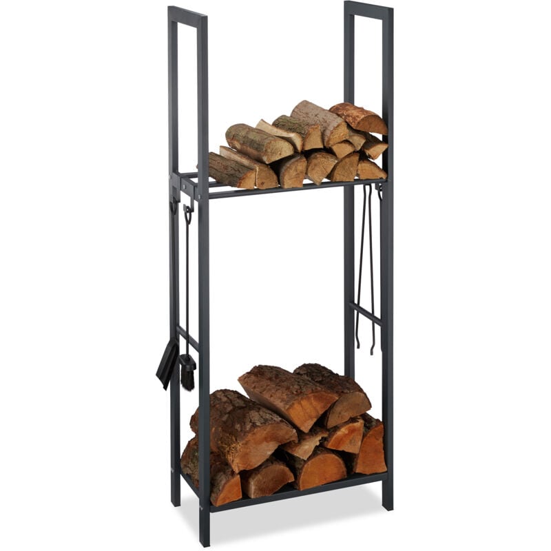 foto del prodotto scaffale porta legna con 2 ripiani, 150 x 60 x 30 cm, 4 ganci per gli accessori da camino, acciaio, antracite relaxdays