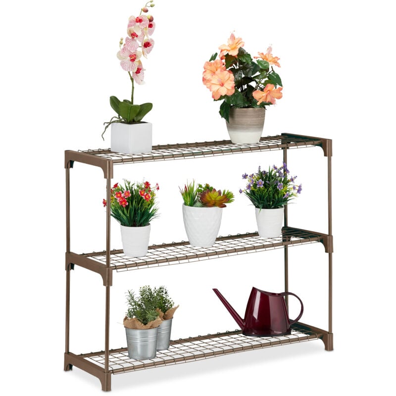 foto del prodotto scaffale porta piante a 3 ripiani, portapiante in vaso, fiori e erbe, mobile in acciaio, 72x91x28 cm, marrone relaxdays
