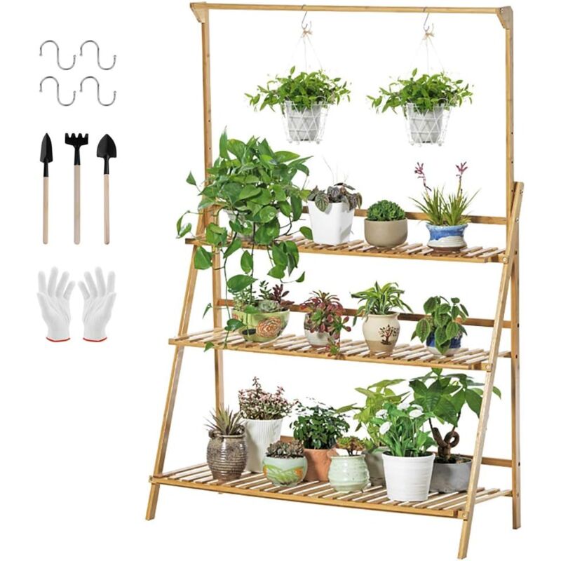 foto del prodotto scaffale porta piante bambu portavasi portafiori pieghevole 3 ripiani con barra 100 cm