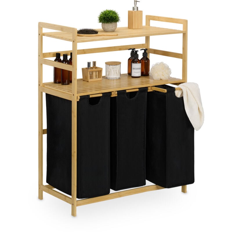 foto del prodotto scaffale portabiancheria, 3 cesti estraibili biancheria, 2 ripiani, 105x80x40 cm, mobile bamb , naturale nero relaxdays