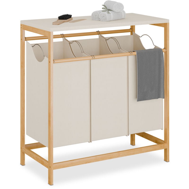 foto del prodotto scaffale portabiancheria, 3 cesti estraibili biancheria, ripiano apribile, hlp 84,5x78,5x40 cm, bamb , beige relaxdays