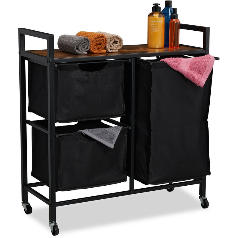 foto del prodotto scaffale portabiancheria, mobile 3 scomparti estraibili, mobiletto da bagno, design industriale, nero marrone relaxdays