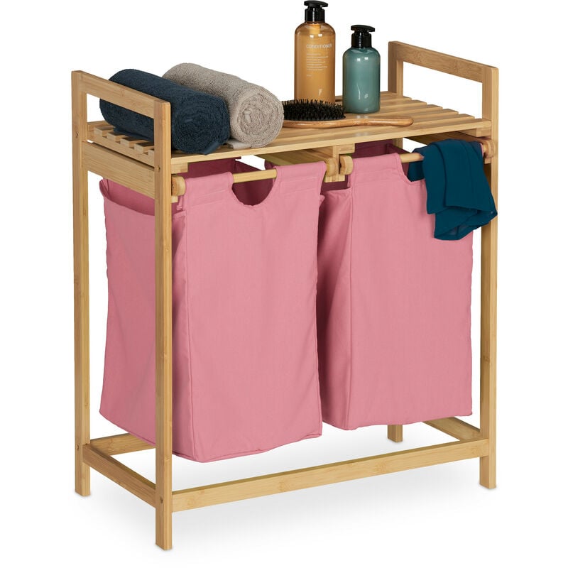 foto del prodotto scaffale portabiancheria, mobiletto bagno in bamb con 2 sacchi rimovibili 73x64x33 cm, marrone chiaro rosa relaxdays