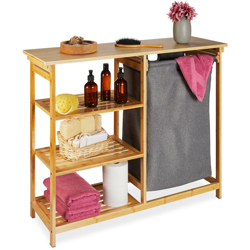foto del prodotto scaffale portabiancheria, mobiletto bagno in bamb , sacco rimovibile e 4 ripiani, 80x100x32 cm, marrone relaxdays