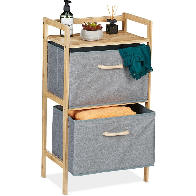 foto del prodotto scaffale portabiancheria, mobiletto da bagno in bamb con 2 sacchi rimovibili, 76 x 43 x 27 cm, marrone grigio relaxdays