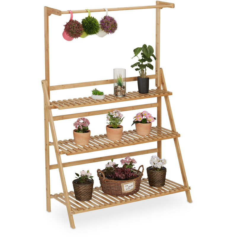 foto del prodotto scaffale portafiori, portavasi con 3 ripiani e barra di sospensione, 145,5x100x38 cm bamb pieghevole, marrone relaxdays
