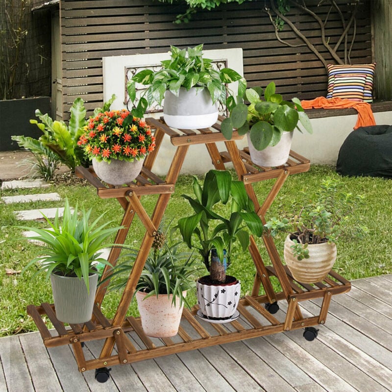 foto del prodotto scaffale portafiori portavasi per piante porta piante in legno con ruote interno a 6 ripiani espositore balcone esterno 91x25x81cm