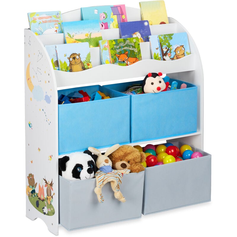 foto del prodotto scaffale portagiochi, 4 box, motivi fal , giocattoli, libri, scaffale cameretta bimbi, 98x82,5x30 cm, colorata relaxdays