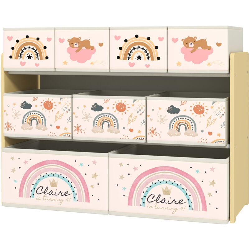 foto del prodotto scaffale portagiochi a 3 livelli con 9 contenitori in tessuto giallo - aiyaplay