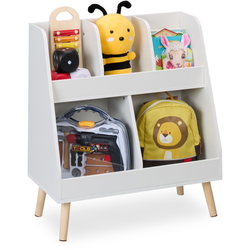 foto del prodotto scaffale portagiochi bambini, libreria a 5 scomparti porta libri e giocattoli, 66x60x30 cm, mdf, legno, bianco relaxdays
