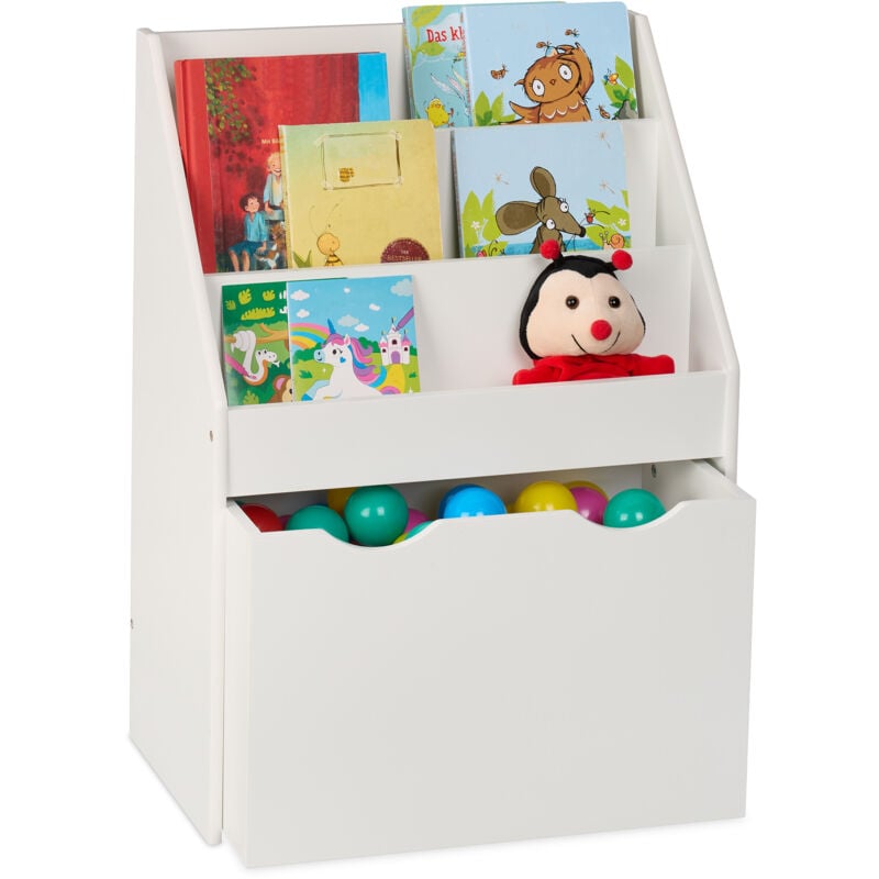 foto del prodotto scaffale portagiochi bambini, libreria a scomparti porta libri e giocattoli, 69,5x50,5x28 cm, rotelle, bianco relaxdays