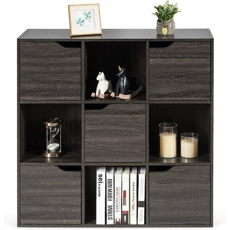 foto del prodotto scaffale portaoggetti guardaroba mensola libreria in legno mobile con 9 cubi, scaffale cubo porta libri grigio marrone costway