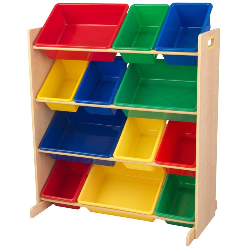 foto del prodotto scaffale portaoggetti in legno con 12 contenitori plastica di colori primari per giocattoli, mobile porta giochi bambini, mobili per cameretta e sala