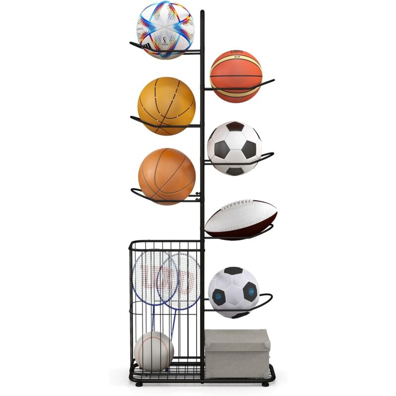 foto del prodotto scaffale portapalle a 7 livelli, porta pallacanestro in metallo con 7 asticelle rimovibili e cestino laterale per palline, organizzatore attrezzature