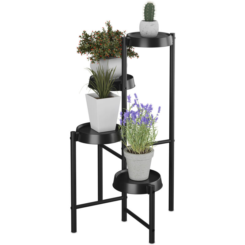 foto del prodotto scaffale portapiante 4 ripiani, ferro e plastica, scala portafiori, supporto vasi di piante, 81x48x49 cm, nero relaxdays