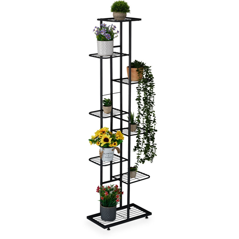 foto del prodotto scaffale portapiante, 8 ripiani in metallo, scala portafiori, supporto 9 vasi di piante, 142x45x22 cm, nero relaxdays