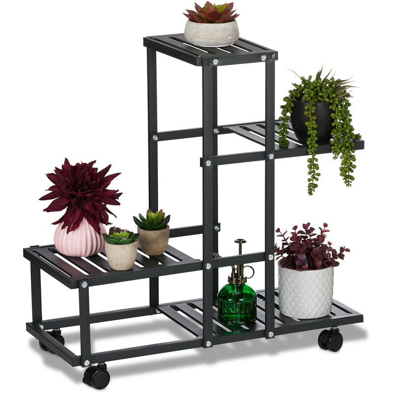 foto del prodotto scaffale portapiante con rotelle, 60,5 x 61,5 x 26 cm, a 4 ripiani, in acciaio, portafiori e portavasi, nero relaxdays