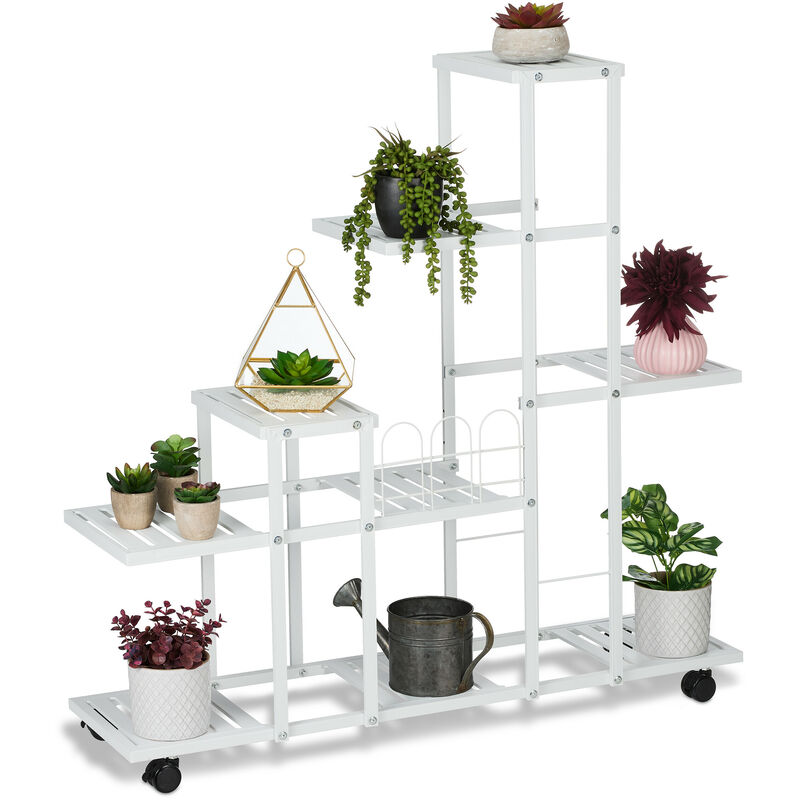 foto del prodotto scaffale portapiante con rotelle, 91,5 x 93 x 26 cm, a 9 ripiani, in acciaio, portafiori e portavasi, bianco relaxdays