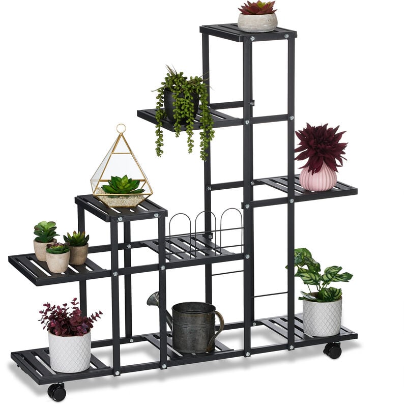 foto del prodotto scaffale portapiante con rotelle, 91,5 x 93 x 26 cm, a 9 ripiani, in acciaio, portafiori e portavasi, nero relaxdays