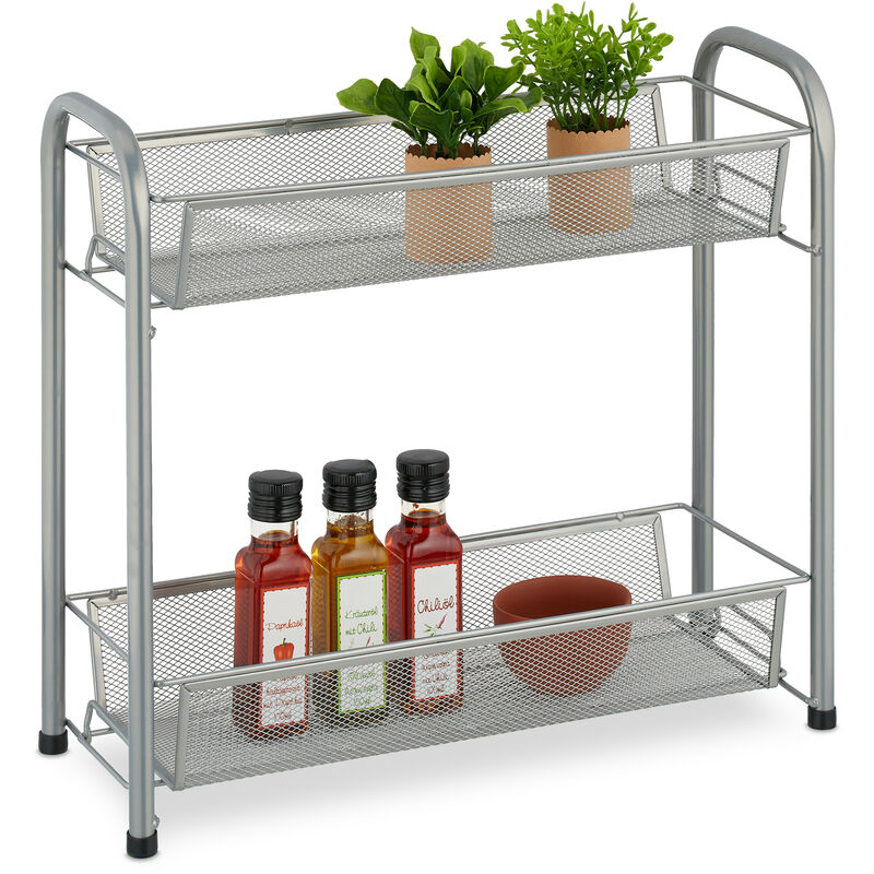 foto del prodotto scaffale portaspezie a 2 ripiani, organizer da tavolo da cucina o mensola bagno make up, in metallo, argentato relaxdays