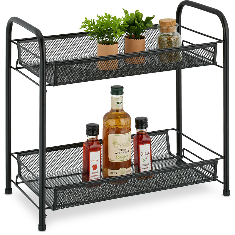 foto del prodotto scaffale portaspezie a 2 ripiani, organizer da tavolo da cucina o mensola bagno per make up, in metallo, nero relaxdays