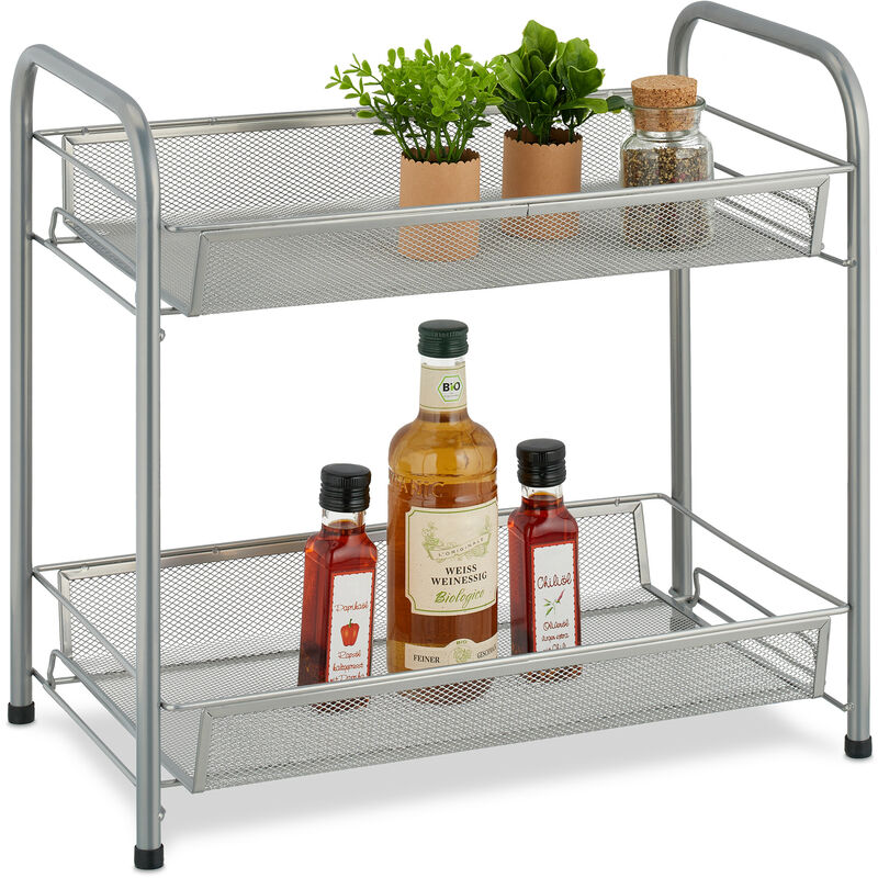 foto del prodotto scaffale portaspezie a 2 ripiani, organizer tavolo cucina o mensola bagno per make up, in metallo, argentato relaxdays