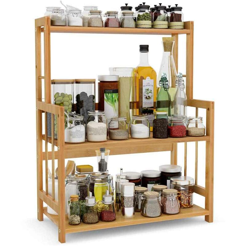foto del prodotto scaffale portaspezie in legno bambu 3 ripiani porta spezie barattoli cucina