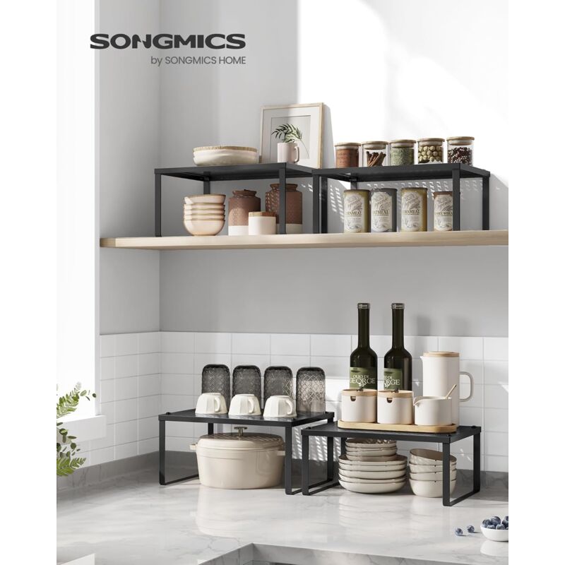 foto del prodotto scaffale portaspezie, set di 4 organizzatori da cucina espandibili, scaffale da cucina impilabile, metallo, nero inchiostro songmics