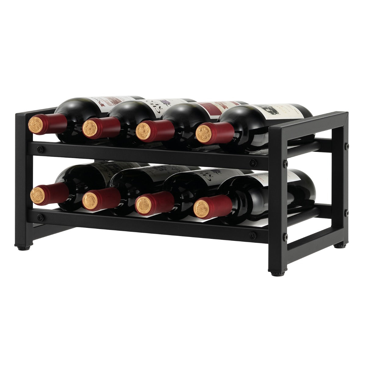 foto del prodotto scaffale rastrelliera per vino in metallo per 8 bottiglie portabottiglie a 2 livelli con superficie antiruggine con poggiapiedi regolabili 20 0004690