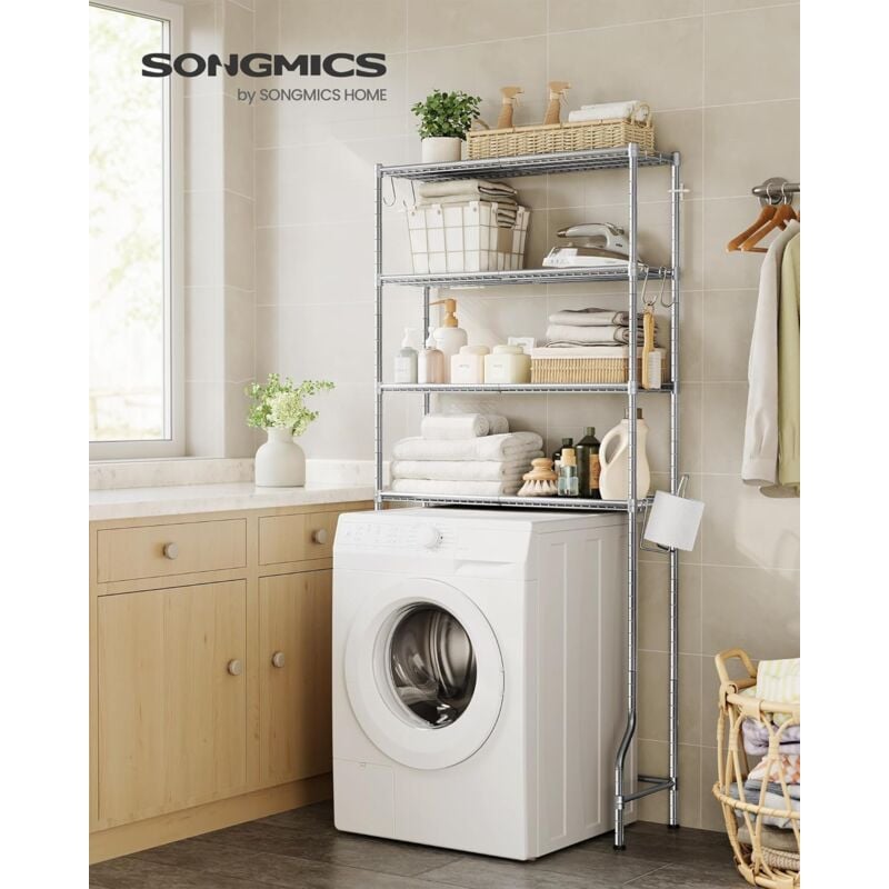 foto del prodotto scaffale sopra wc a 4 ripiani, scaffale da bagno in metallo, ripiani regolabili, con 4 ganci e portarotolo, salvaspazio, 30 x 83 x 176 cm, grigio