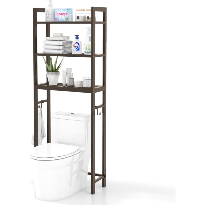 foto del prodotto scaffale sopra wc, mobile per bagno in metallo con dispositivo antiribaltamento, 3 ganci, supporto per toilette a 3 ripiani, scaffale salvaspazio per