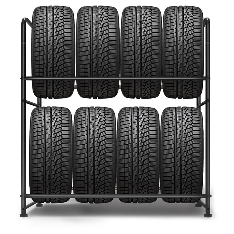 foto del prodotto scaffale supporti per pneumatici, 2 strati porta gomme auto da garage, in metallo zincato per ruote e cerchioni, nero, 107x46x117cm nero aufun