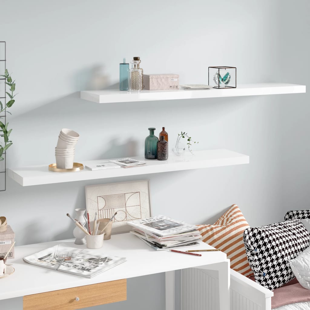 foto del prodotto scaffali a parete 2 pz bianco lucido 120x23,5x3,8 cm in mdf cod mxl 33568