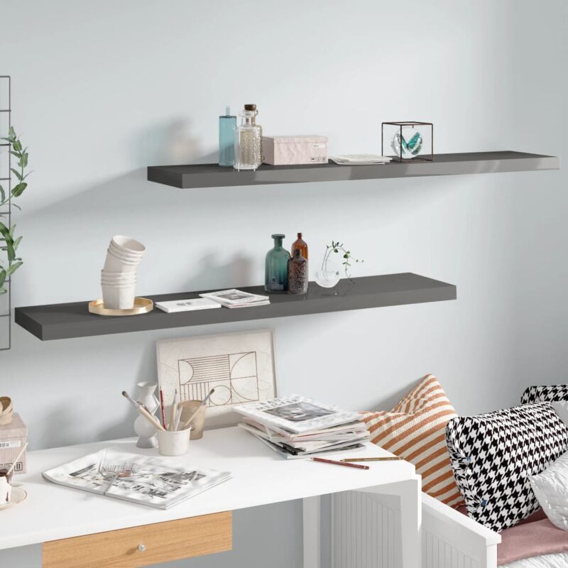 foto del prodotto scaffali a parete 2 pz grigio lucido 120x23,5x3,8 cm in mdf
