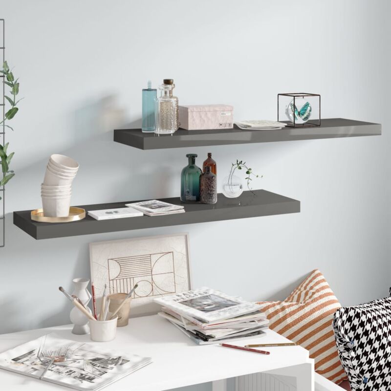 foto del prodotto scaffali a parete 2 pz grigio lucido 90x23,5x3,8 cm in mdf